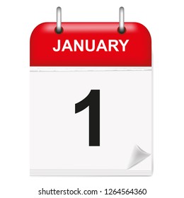 Daily single-leaf calendar, red spine, 3d, month of January,first,1, 1st.Vector,illustration