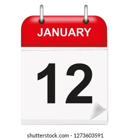 Daily single-leaf calendar, red spine, 3d, month of January,twelfth,12, 12th.Vector,illustration