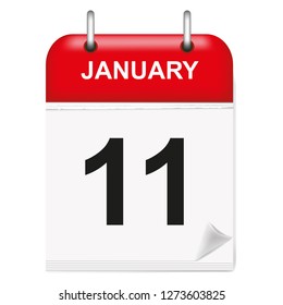 Daily single-leaf calendar, red spine, 3d, month of January,eleventh,11, 11th.Vector,illustration
