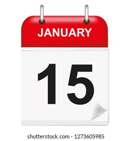Daily single-leaf calendar, red spine, 3d, month of January,fifteenth,15, 15th.Vector,illustration