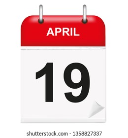 Daily single-leaf calendar, red spine, 3d, month of April, day 19.Vector,illustration.