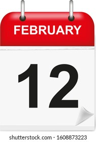 Daily single-leaf calendar, red spine, 3d, month of february,twelfth,12,12th,twelve.Vector,illustration.