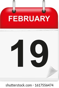 Daily single-leaf calendar, red spine, 3d, month of february,nineteenth,19,19th,nineteen.Vector,illustration.