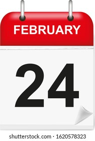 Daily single-leaf calendar, red spine, 3d, month of february,twenty-fourth,24,24th,twenty-four.Vector,illustration.