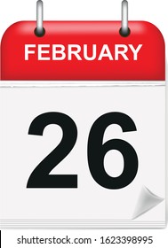 Daily single-leaf calendar, red spine, 3d, month of february,twenty-sixth,26,26th,twenty-six.Vector,illustration.