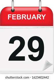 Daily single-leaf calendar, red spine, 3d, month of february,twenty-ninth,29,29th,twenty-nine.Vector,illustration.