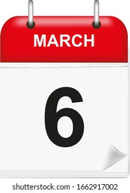 Daily single-leaf calendar, red spine, 3d, march month, day 6.Vector,illustration.