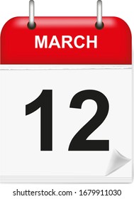 Daily single-leaf calendar, red spine, 3d, march month, day 12.Vector,illustration.