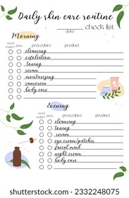 Daily skin care routine check list. Self care to do planner. Vector template with cute hand drawn cosmetics illustrations. Cleansing, exfoliation, moisturizing, serum planning. Printable A5 page.