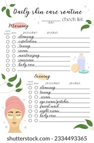 Daily skin care routine check list. Self care to do planner. Vector template with cute hand drawn cosmetics illustrations. Cleansing, exfoliation, moisturizing, serum planning. Printable A5 page.