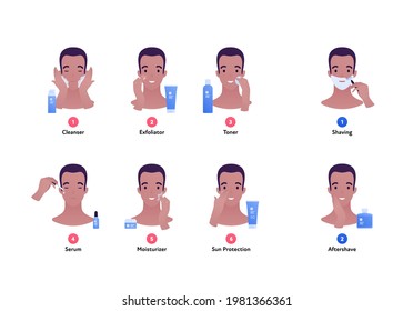 Daily skin care routine concept. Vector flat people avatar illustration. Step instruction. Male smiling face. Cleanser, exfoliator, toner, serum, moisterizer and shave. Design for cosmetic dermatology