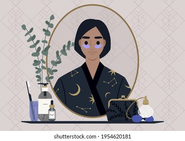 A daily skin routine, a female character wearing eye patches and looking at their mirror reflection, a decorated vintage bathroom