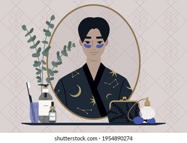 A daily skin routine, a male Asian character wearing eye patches and looking at their mirror reflection, a decorated vintage bathroom