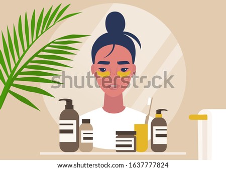 Daily skin routine, A mirror reflection of a young female character applying hydrogel eye patches, casual facial treatment