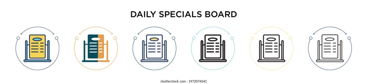 Daily specials board icon in filled, thin line, outline and stroke style. Vector illustration of two colored and black daily specials board vector icons designs can be used for mobile, ui, web