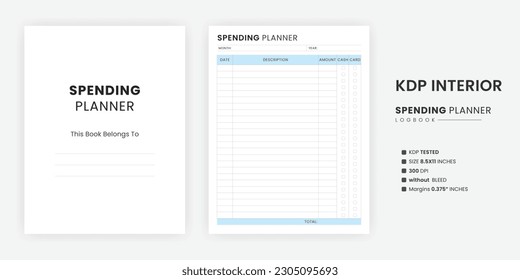 Daily Spending Budget Planners Log Book Printable KDP Interiors. A belongs to page Us letter size on a white background Spending Tracker page with the Kindle Direct Publishing Interior Template.