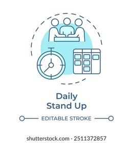 Daily stand up concept icon. Time schedule, meeting management. Business grouping. Round shape line illustration. Abstract idea. Graphic design. Easy to use in infographic, presentation