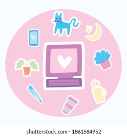 pegatinas diarias diseño de iconos conjuntos de estilo plano, adorno de insignias y tema de moda Ilustración vectorial