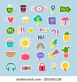 Daily stickers. Planner journal trendy decor notebook reminder pictures coffee cup rainbow numbers and letters different words quotes recent vector illustrations