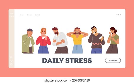 Daily Stress Landing Page Template. People Crying, Feel Grief. Desperate Male and Female Characters Waist-high Close Face with Hands, Wipe Tears, Express Negative Emotions. Cartoon Vector Illustration