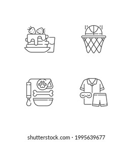 Conjunto de iconos lineales de rutina diaria para estudiantes. Crepes para el desayuno. Club de baloncesto. Cuidado con las mascotas. Símbolos de contorno de línea delgada personalizables. Ilustraciones aisladas del contorno vectorial. Trazo editable