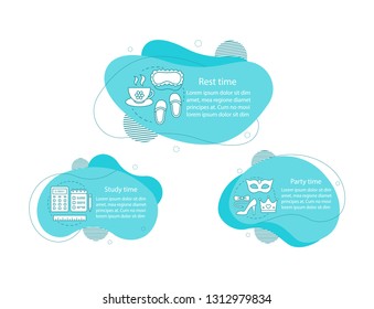 Daily student schedule concept illustrations. Study, party and rest time infographic template. Fluid elements with text, linear icons. Wavy bubbles steps. Presentation, banner report vector cliparts