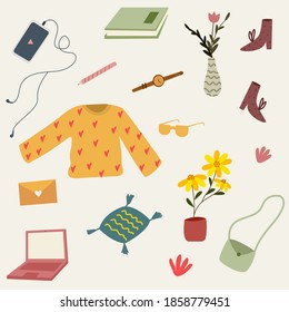 Daily stuff college student icon set smartphone book shoes bag laptop pen with flat cartoon style vector design illustration