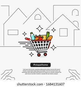 daily supermarket goods delivery to home vector illustration, delivery vector illustration with supermarket shopping cart