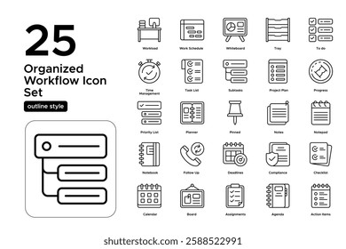 Daily Task List and Goal Setting. Work Planner, Priorities, and Organization. Vector Illustration. Outline icon set