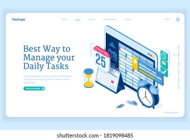 Daily tasks management banner. Software and strategies for productive planning work or education. Vector landing page with isometric clock, calendar and schedule on tablet screen