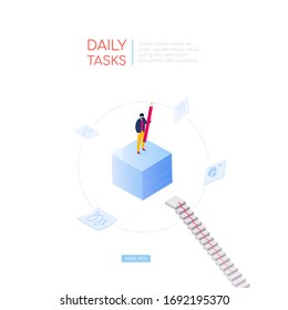 Daily tasks - modern isometric vector web banner on white background with copy space for text. High quality illustration with a man holding a pencil, making notes. Planning, management theme