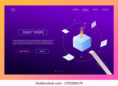 Daily tasks - modern isometric vector web banner on purple background with copy space for text. An illustration with a man making notes with a pencil, writing down ideas. Planning, management theme