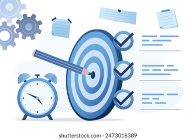 Daily tasks. daily and monthly targets. Objective or mission that must be carried out. Business objectives. Time management, target with pencil, clock and check marks. flat vector illustration