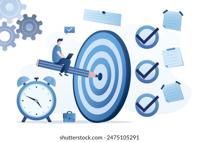 Daily tasks. daily and monthly targets. Objective or mission that must be carried out. Business objectives for businessman or freelancer. Time management, target with pencil, clock and check marks.