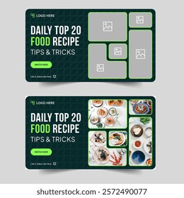 Daily tasty food recipe tips and tricks video thumbnail banner design, food review video cover banner design, fully customizable vector eps 10 file format