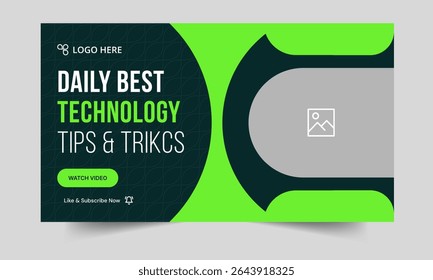 Daily technology tips and tricks video thumbnail banner design, daily photography learning tips and techniques video cover banner design, editable vector eps 10 file format