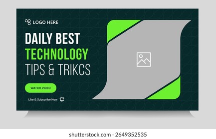 Daily technology tips and tricks video thumbnail banner design, daily photography learning tips and techniques video cover banner design, editable vector eps 10 file format