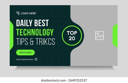 Daily technology tips and tricks video thumbnail banner design, daily photography learning tips and techniques video cover banner design, editable vector eps 10 file format
