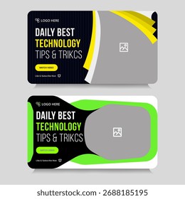 Daily technology tips and tricks video thumbnail banner design, daily photography learning tips and techniques video cover banner design, editable vector eps 10 file format