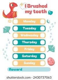 Daily teeth brushing schedule for children. Getting kids used to brushing their teeth every day with the cute Dinosaur