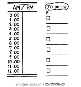 Daily time tracker with to do list with hand drawn text and doodle style. School diary. Office stationery notebook on isolate background.