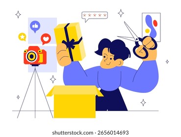 Ilustração Vetorial Diária Apresentando um Influenciador Navegando Redes Sociais com Transmissão ao Vivo de Várias Atividades em um Estilo de Vida Fundo