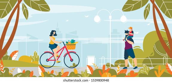 Daily Walk in Urban City Park and Happy People Cartoon Characters. Woman Riding Bicycle with Groceries Basket. Father Carrying Son on Shoulders Walking through Green Garden. Vector Flat Illustration