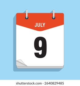 Daily Wall Calendar 9th July, vector stock isolated, eps