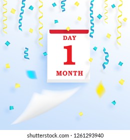 Daily wall calendar, first day of month, with tear off sheet and floating ribbon. Vector illustration template 3d for any events to celebrate. 