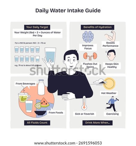 Daily water intake guide in a brief diagram shows targets, benefits, and when to drink more, key items, glass of water, person, hydration icons. Doodle style diagram