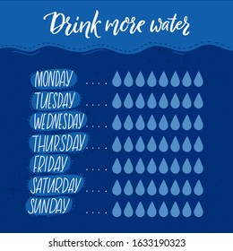 Daily water tracker with eight drops checklist. Planner page, healthy habit goal. Blue wave background. Weekly hydration page.