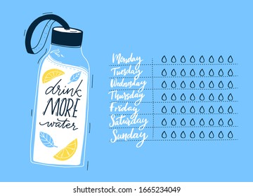 Daily water tracker, handwritten days of week and checklist drops of water. Reusable sport bottle illustration with lemon and herbs on blue background