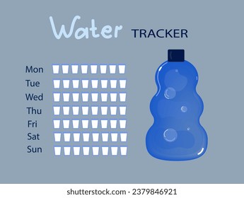 Daily water tracker. Reusable sport bottle. Water balance. Vector 3d cartoo illustration