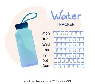 Daily water tracker. Reusable sport bottle with lemon and herbs. Water balance. Concept detox drink, drinking water in a  glass bottle. Vector hand drawn cartoon  illustration.